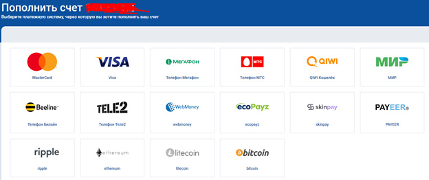 Скриншот страницы с доступными платежными системами